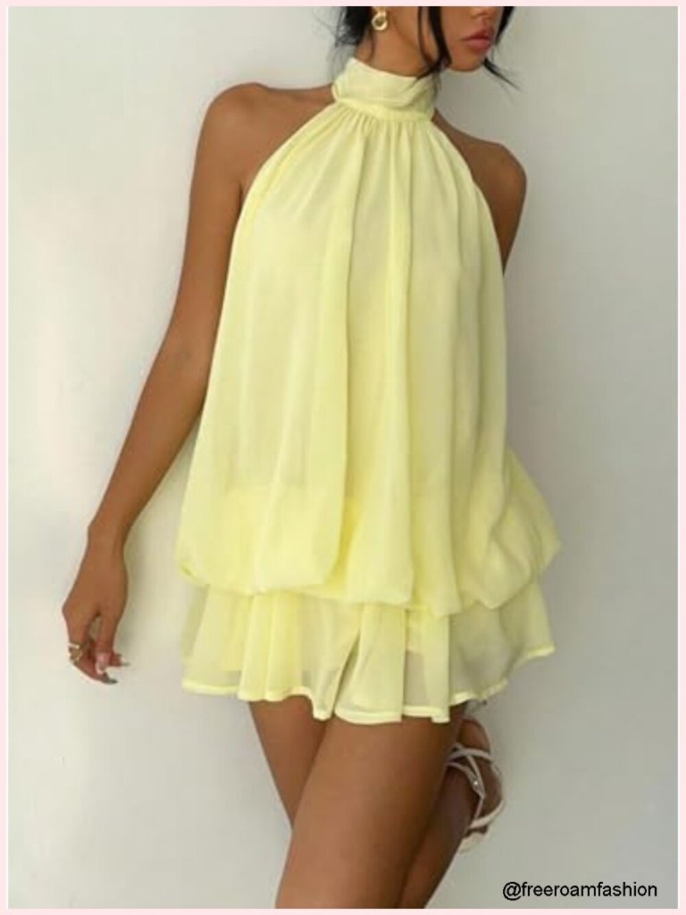 Chiffon Halter Mini Dress Backless Ruffle Flowy Wedding Guest Cocktail Y2k - Picture 3 of 6
